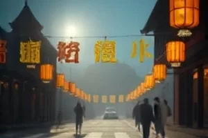 《晚风邮局》横版画面：傍晚巷口的绿色邮筒与自行车